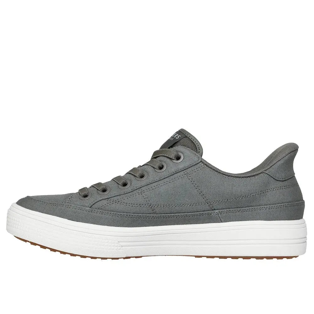 Men's Skechers Arch Fit Arcade See Ya There olive textile slip-on trainers with arch support and white sole.