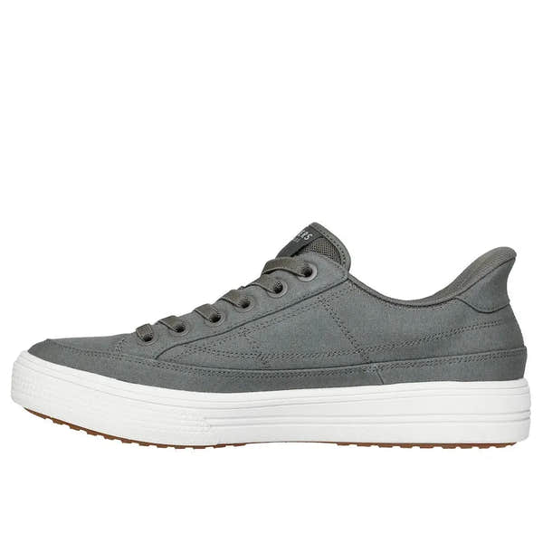 Men's Skechers Arch Fit Arcade See Ya There olive textile slip-on trainers with arch support and white sole.