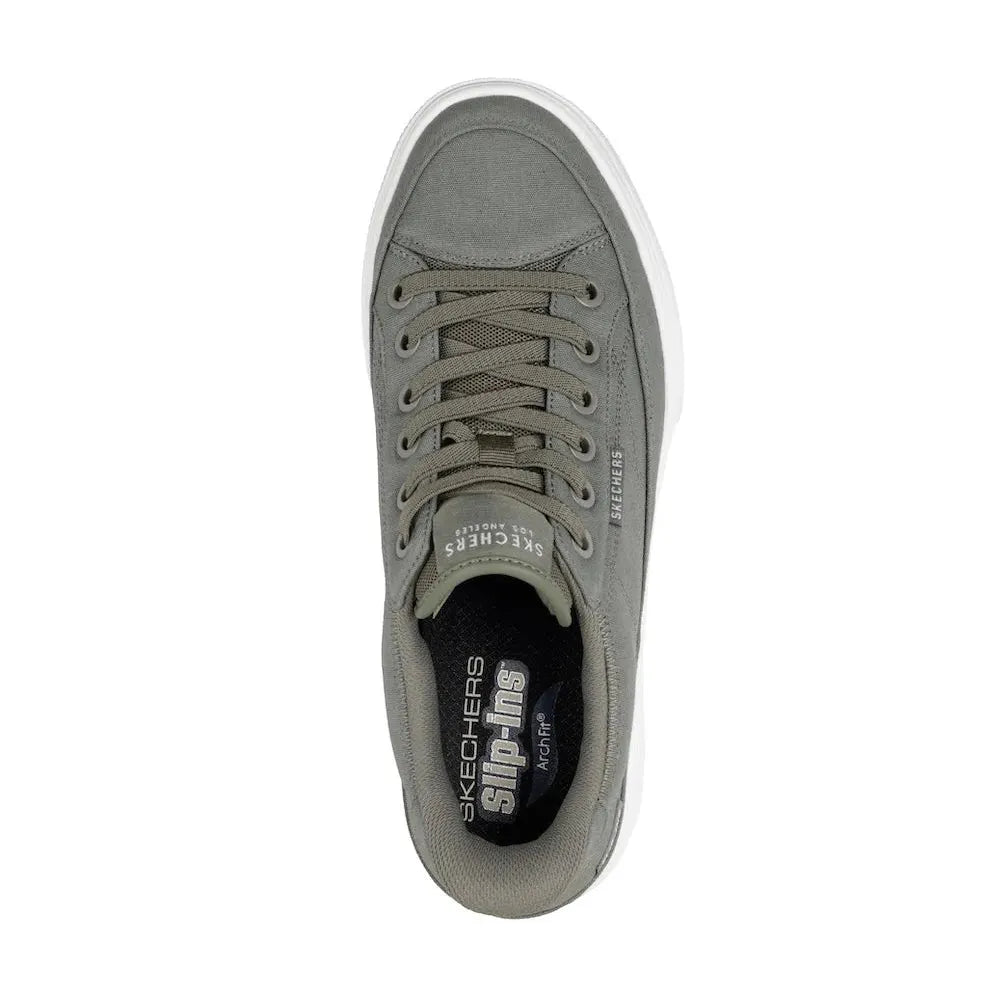 Men's olive Skechers Arch Fit Arcade slip-on trainers with textile upper, supportive arch design, and white sole.