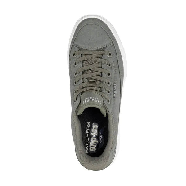Men's olive Skechers Arch Fit Arcade slip-on trainers with textile upper, supportive arch design, and white sole.