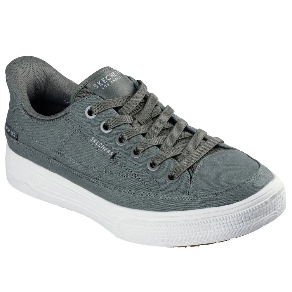 Men's Skechers Arch Fit Arcade-See Ya There olive textile slip-on trainers with arch support and white rubber sole.