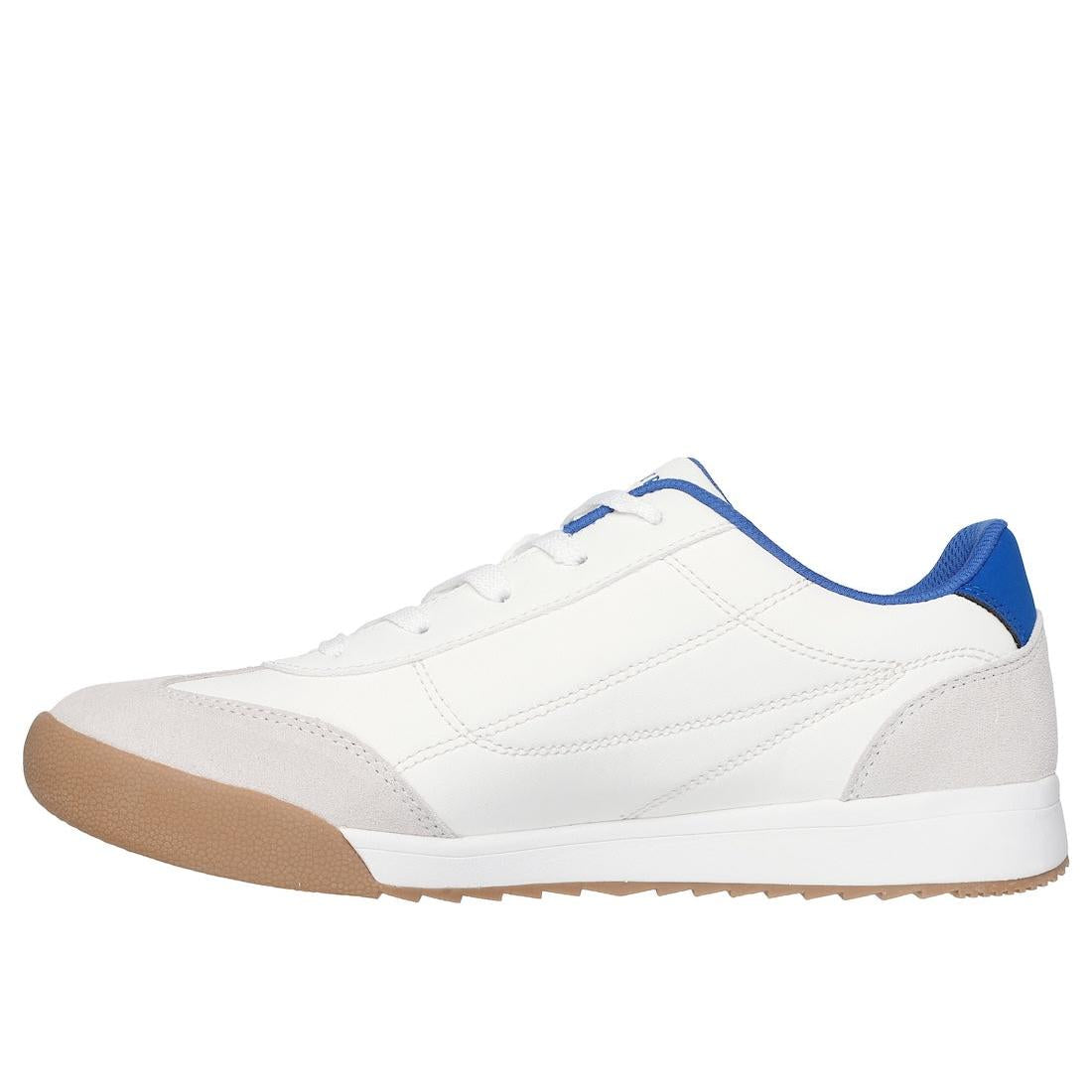 Skechers 183284 Zinger 2.0 men's white leather lace-up trainers with blue accents and gum sole.