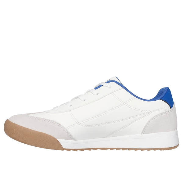 Skechers 183284 Zinger 2.0 men's white leather lace-up trainers with blue accents and gum sole.