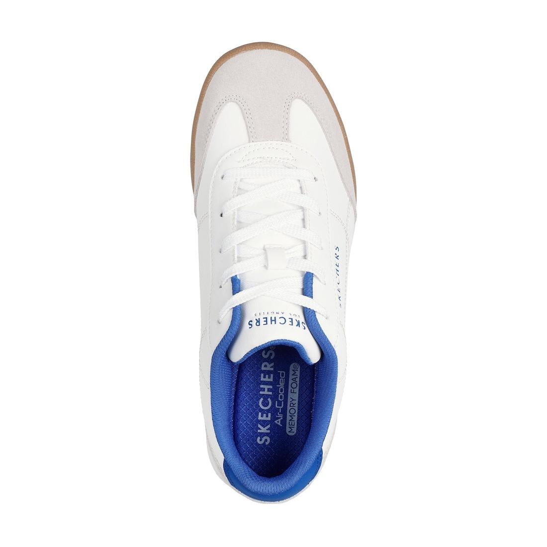 Skechers 183284 Zinger 2.0 men's white leather lace-up trainers with blue accents and memory foam for comfort.