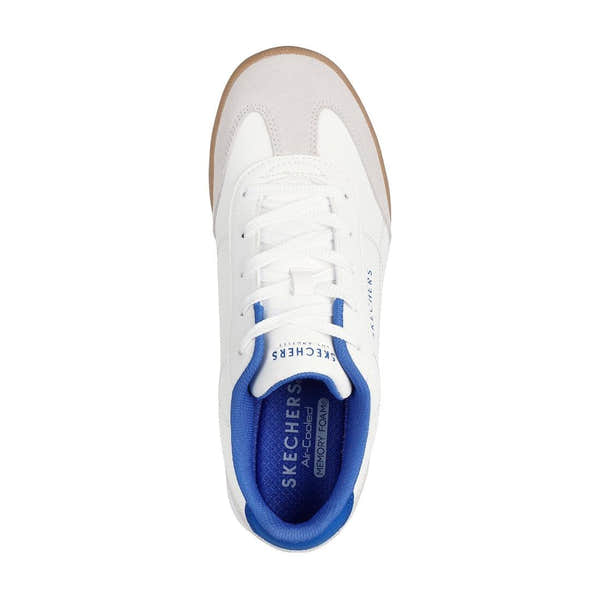 Skechers 183284 Zinger 2.0 men's white leather lace-up trainers with blue accents and memory foam for comfort.