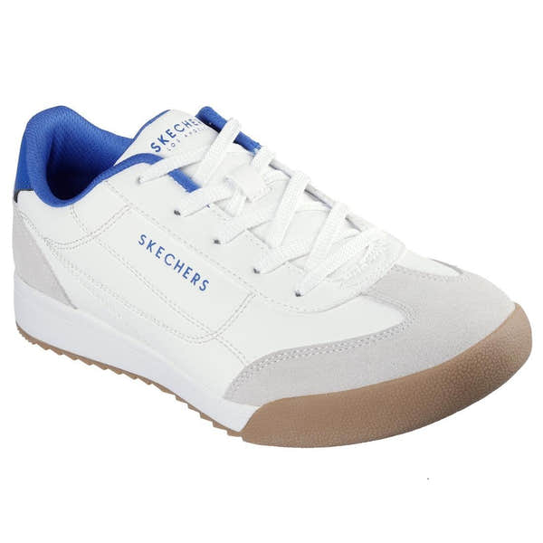 Skechers Zinger 2.0 Ultimate Classic men's white leather lace-up trainers with blue accents and tan rubber sole.