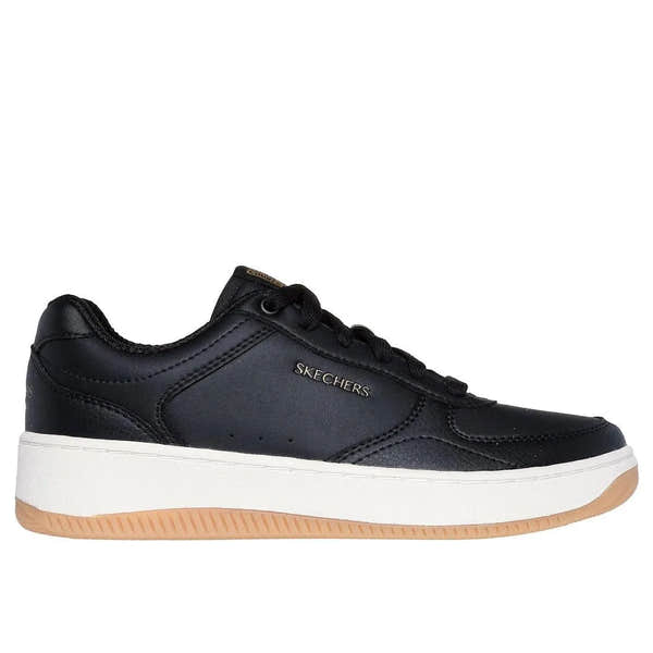 Skechers Women's Sport Court 2.0 Core Essentials black lace-up trainers with white rubber sole and tan outsole.