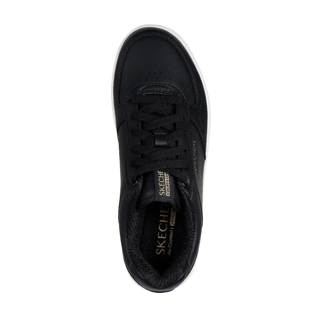 Skechers Sport Court 2.0 Core Essentials women's black lace-up trainers with cushioned insole and durable synthetic upper.