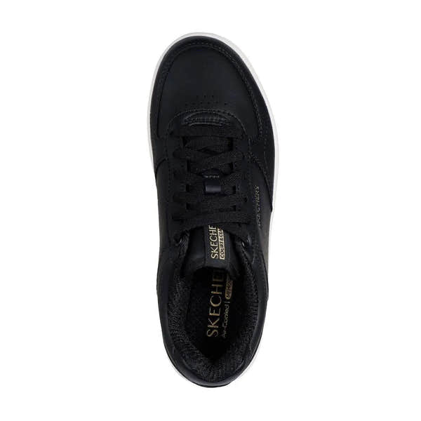Skechers Sport Court 2.0 Core Essentials women's black lace-up trainers with cushioned insole and durable synthetic upper.