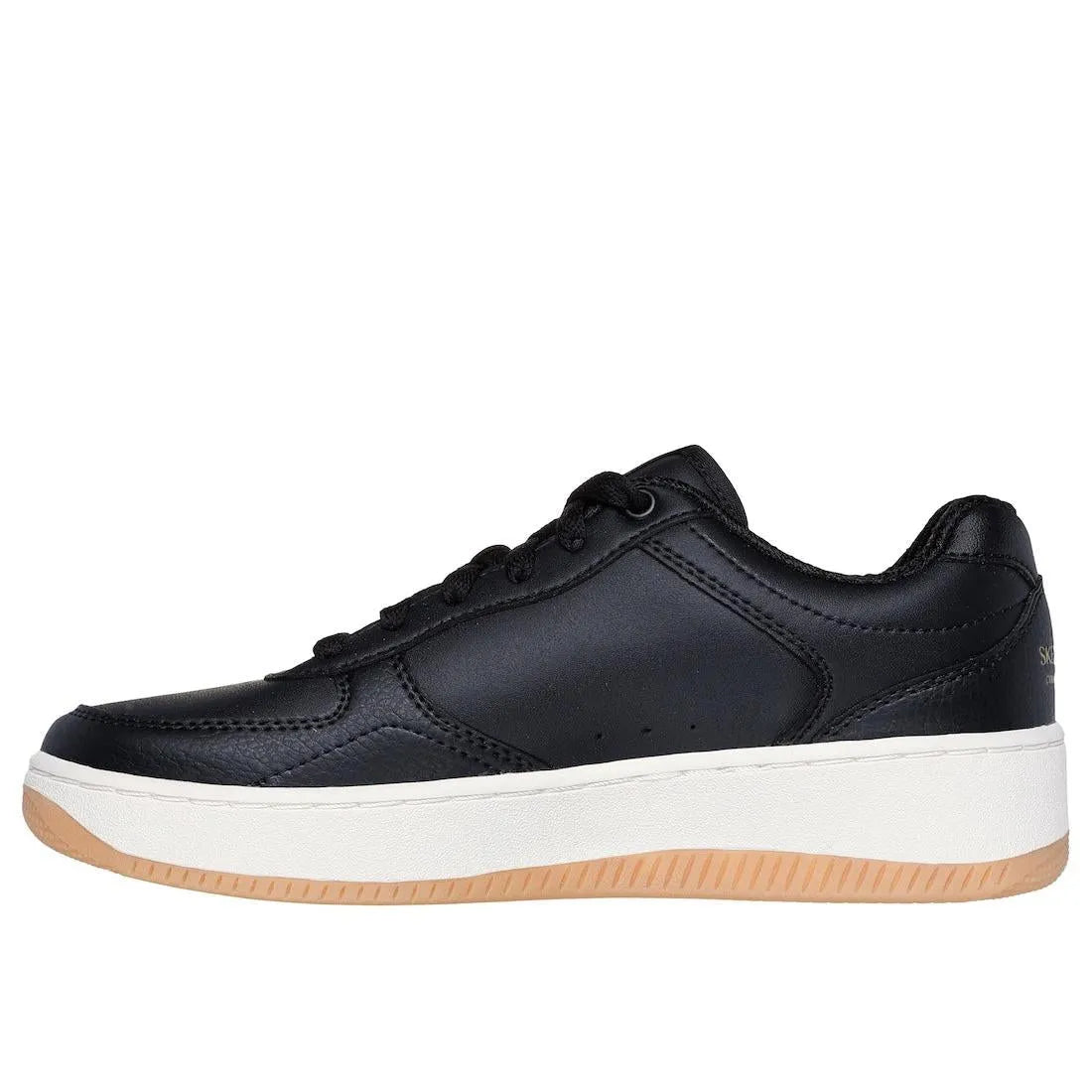 Black Skechers Sport Court 2.0 Core Essentials women's lace-up trainers with white and gum rubber sole.