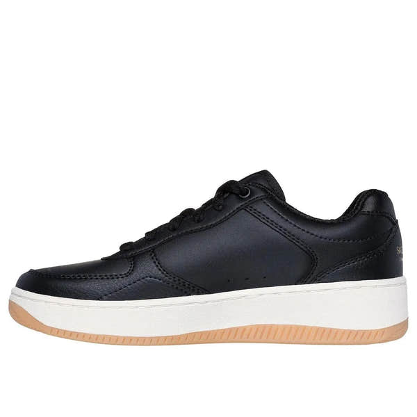 Black Skechers Sport Court 2.0 Core Essentials women's lace-up trainers with white and gum rubber sole.