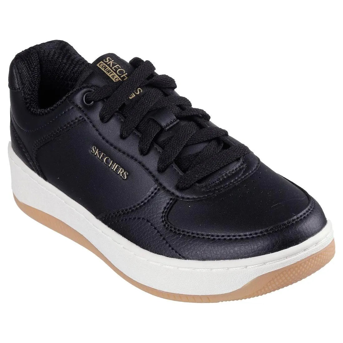 Skechers Sport Court 2.0 Core Essentials ladies black lace-up trainers with synthetic upper and white sole.