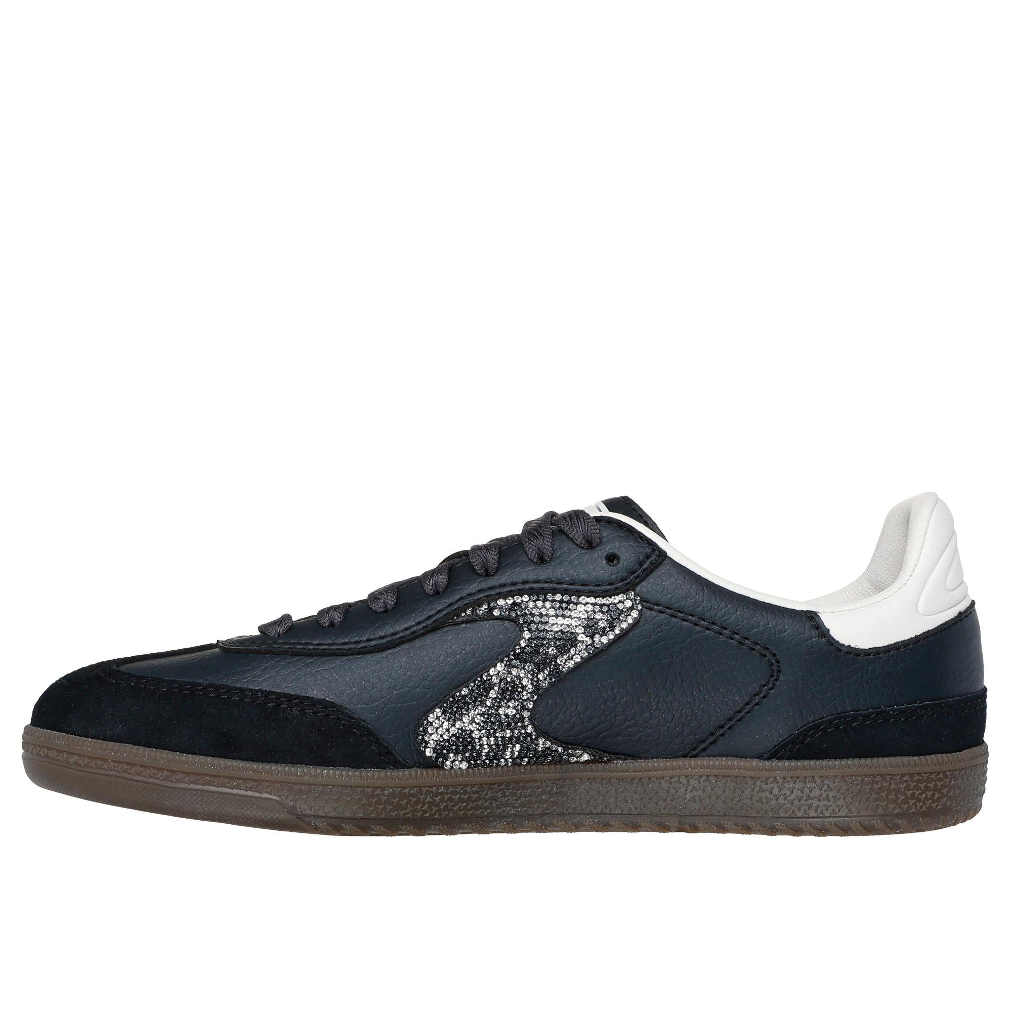 Skechers Hotshot slip-on trainers for ladies, black and white leather and textile design with shimmering spots and comfortable sole.