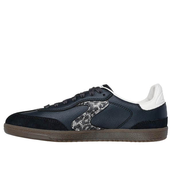Skechers Hotshot slip-on trainers for ladies, black and white leather and textile design with shimmering spots and comfortable sole.