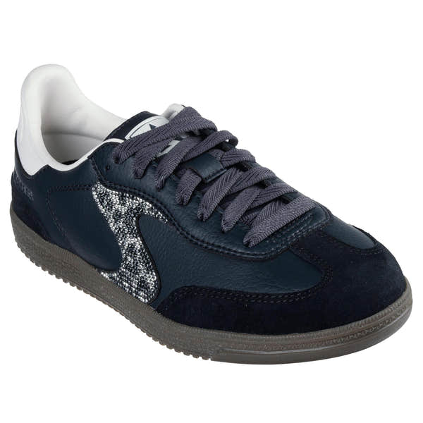 Skechers Hotshot slip-on trainers for women, black and white leather and textile, with shimmering spots detail.