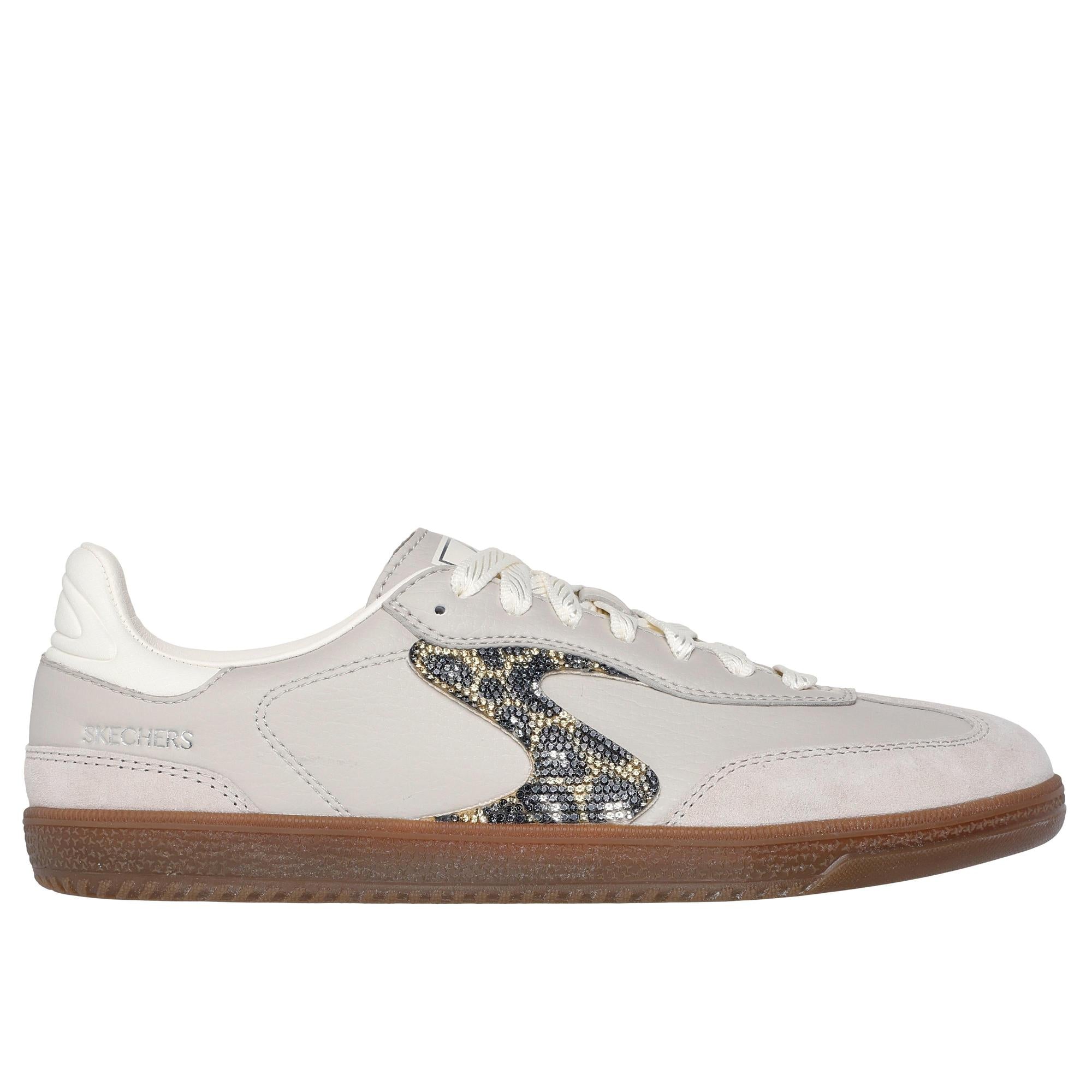 Skechers Hotshot ladies taupe slip-on trainers with shimmering spotted snake-embossed detail and gum sole.