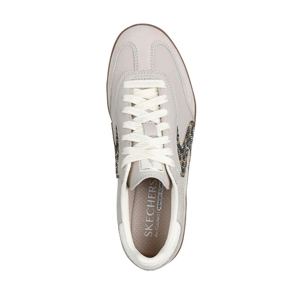 Skechers Hotshot ladies taupe slip-on trainers with shimmering spots, leather and textile upper, and memory foam insole.