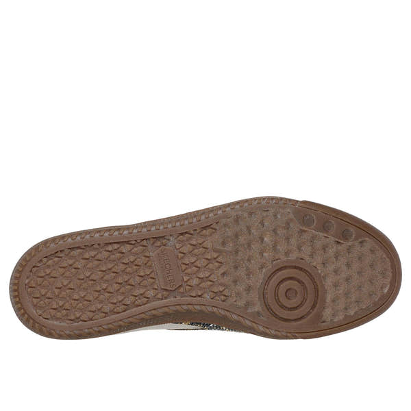 Skechers 185239 Hotshot slip-on trainers for women with taupe leather and textile upper, shimmering spots, and textured rubber sole.