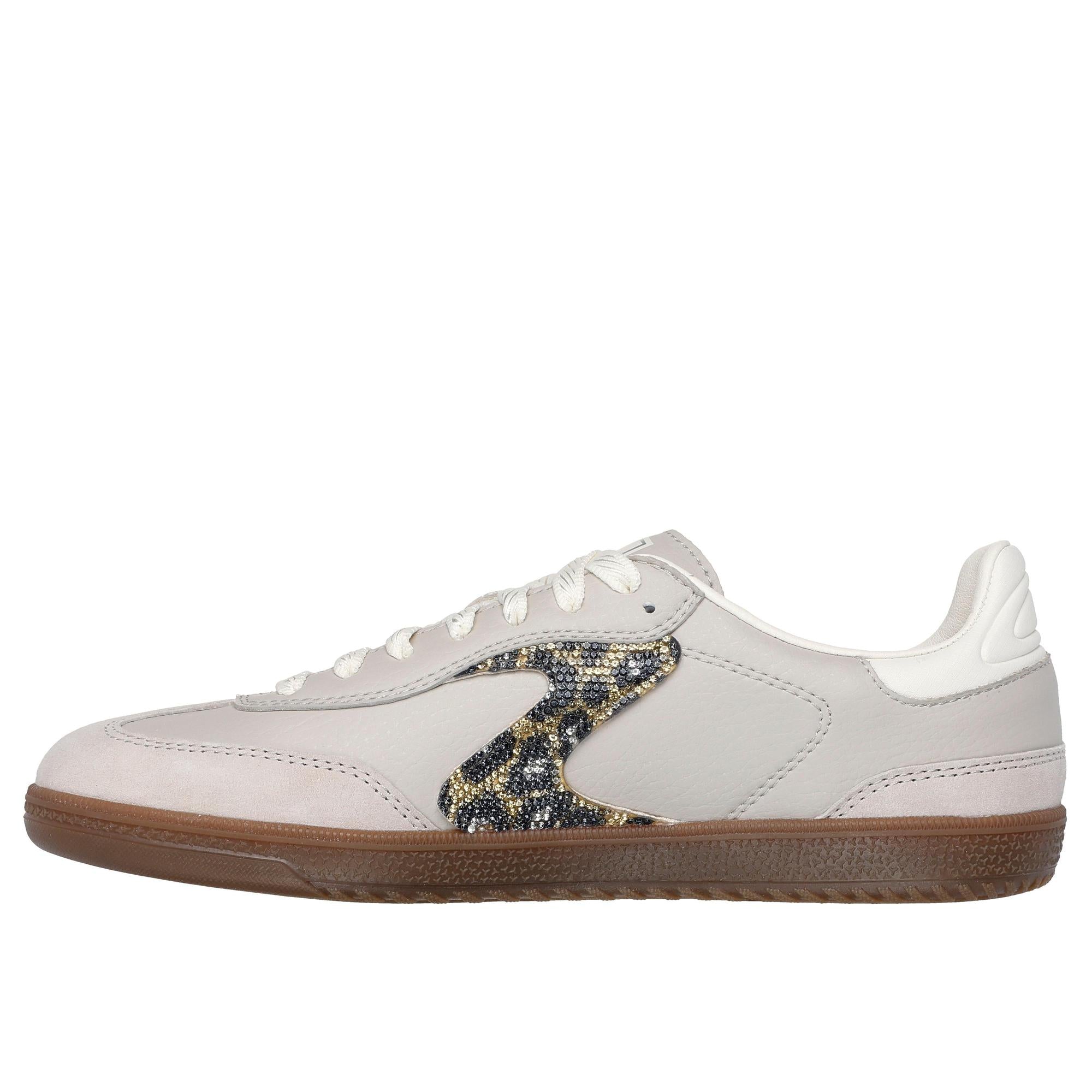 Skechers Hotshot Ladies Taupe Leather & Textile Slip-On Trainers with shimmering spots detail and gum sole.