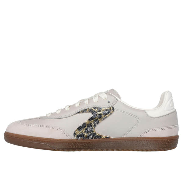 Skechers Hotshot Ladies Taupe Leather & Textile Slip-On Trainers with shimmering spots detail and gum sole.