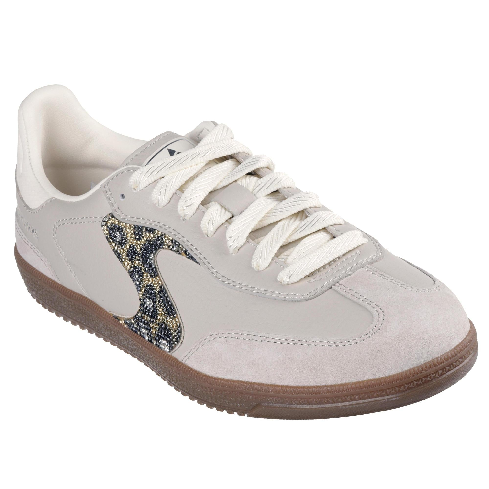 Skechers Hotshot ladies taupe slip-on trainers with shimmering spotted design on the side, leather and textile upper, and white laces.