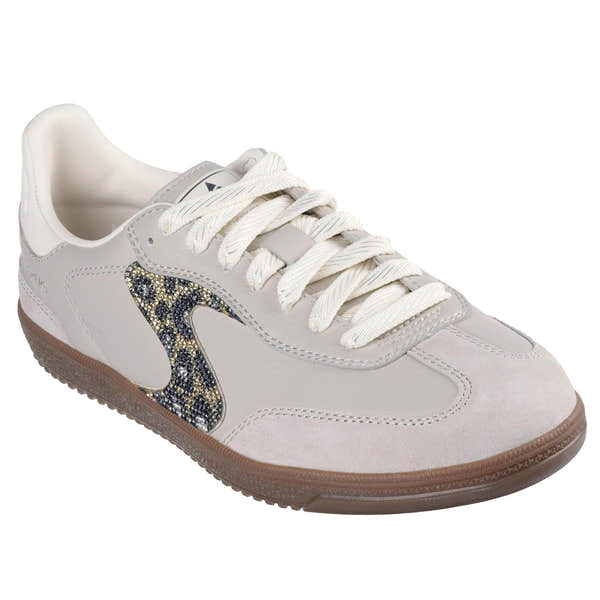 Skechers Hotshot ladies taupe slip-on trainers with shimmering spotted design on the side, leather and textile upper, and white laces.