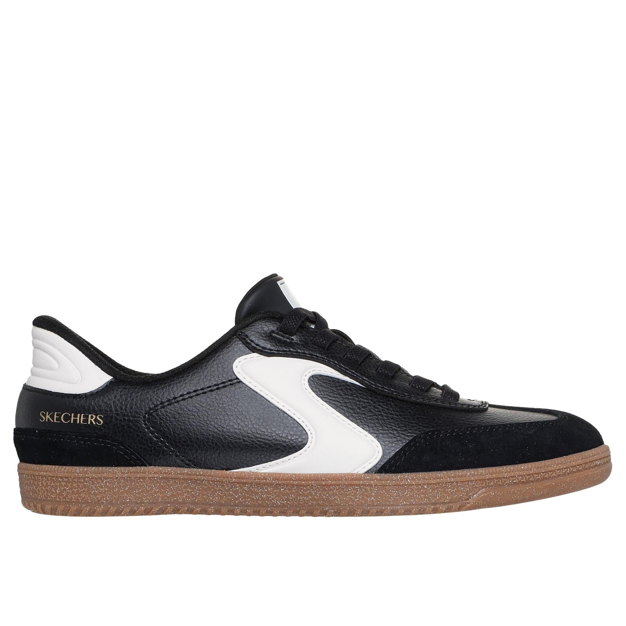Skechers Hotshot ladies' black and white leather and textile slip-on trainers with gum sole, casual sporty style.