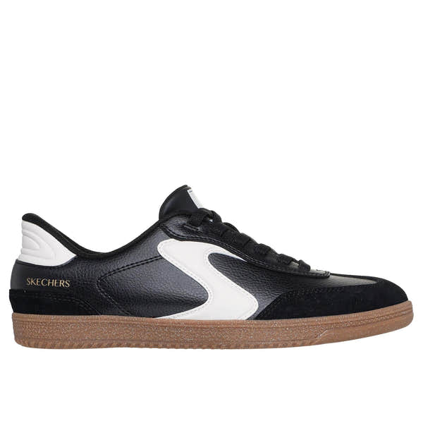 Skechers Hotshot ladies' black and white leather and textile slip-on trainers with gum sole, casual sporty style.