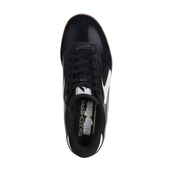 Skechers Hotshot ladies' black and white slip-on trainers with leather and textile upper, cushioned insole, and sporty design.