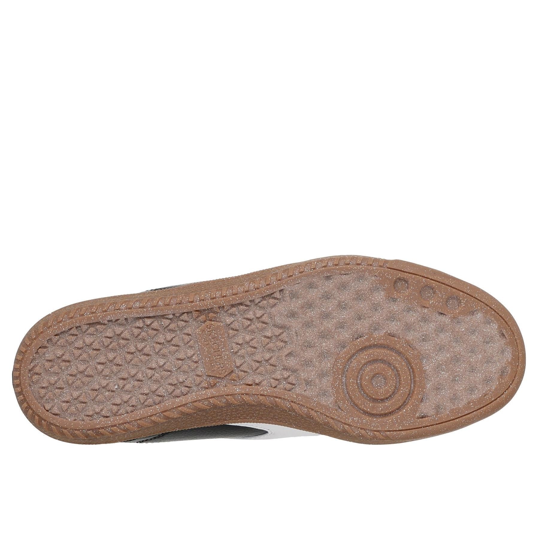 Skechers Hotshot ladies slip-on trainers in black and white leather and textile, with textured sole for comfort and style.