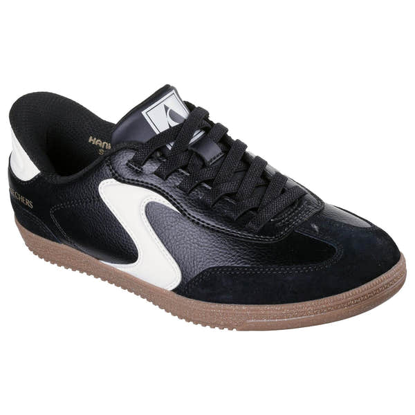 Skechers Hotshot Ladies Black/White Leather and Textile Slip-On Trainers with lace-up design and gum sole.