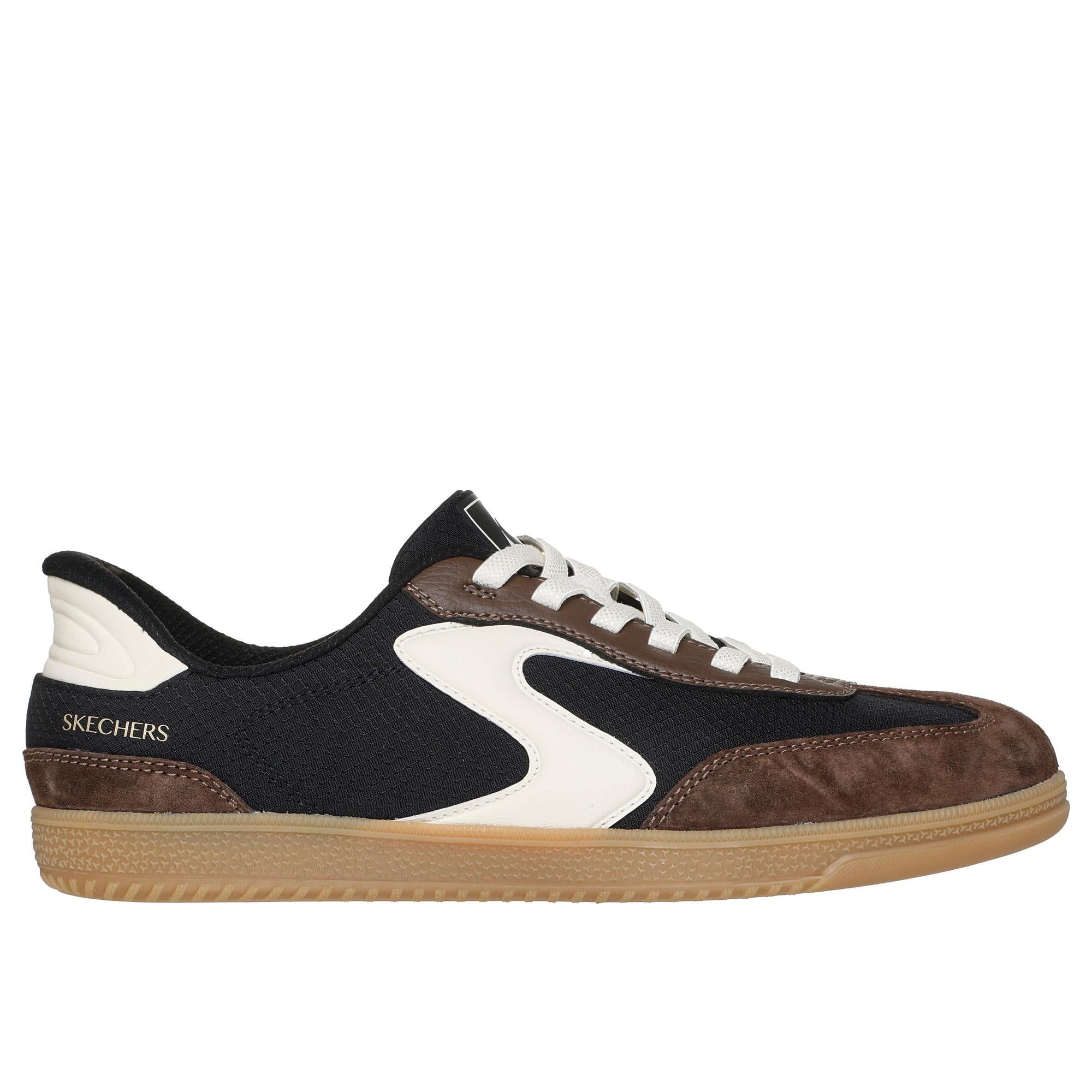 Skechers Hotshot women’s black and brown leather and textile slip-on trainers with gum rubber sole.