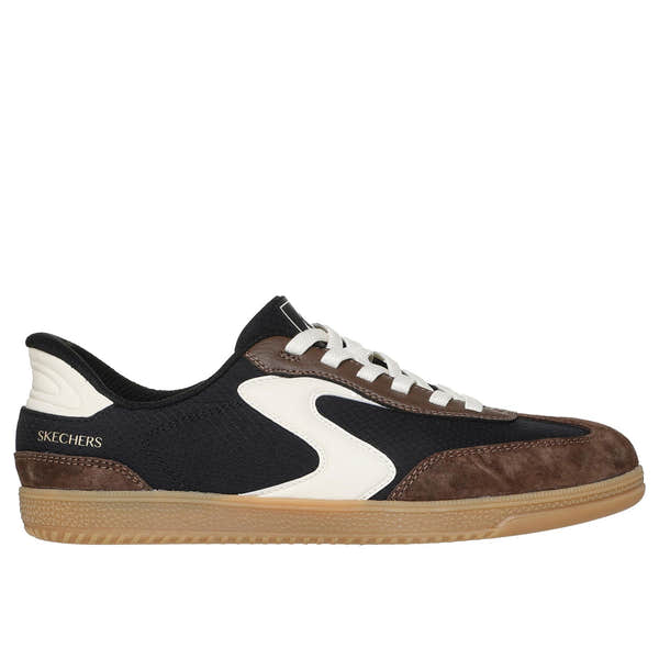 Skechers Hotshot women’s black and brown leather and textile slip-on trainers with gum rubber sole.