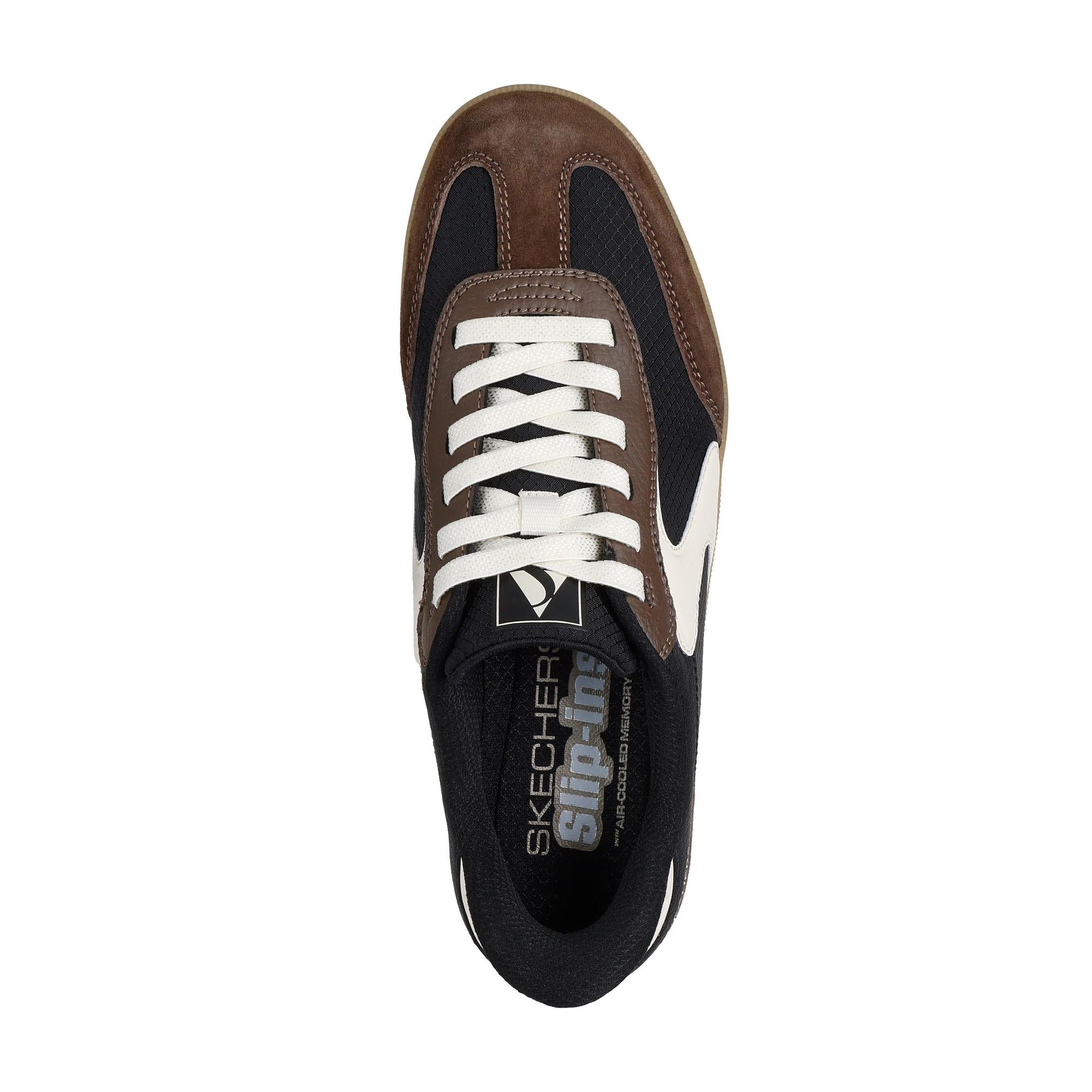 Skechers Hotshot Ladies Black/Brown Leather and Textile Slip-On Trainers with lace-up closure and sporty design.