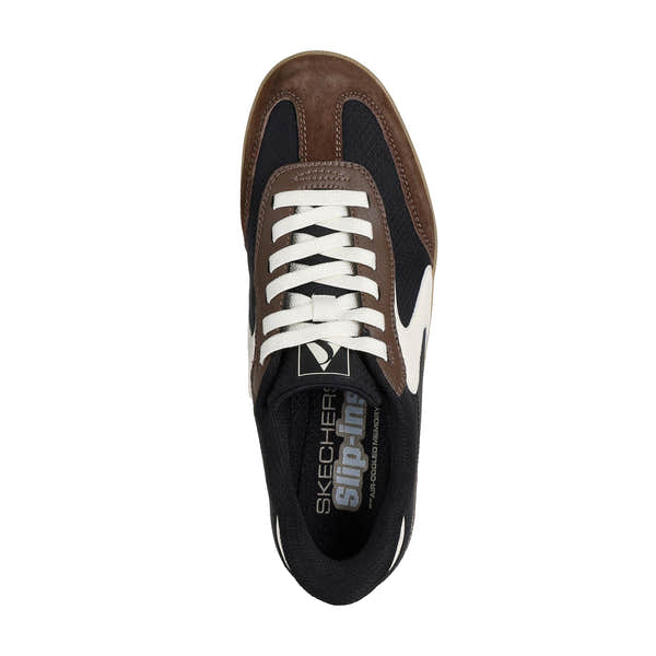 Skechers Hotshot Ladies Black/Brown Leather and Textile Slip-On Trainers with lace-up closure and sporty design.