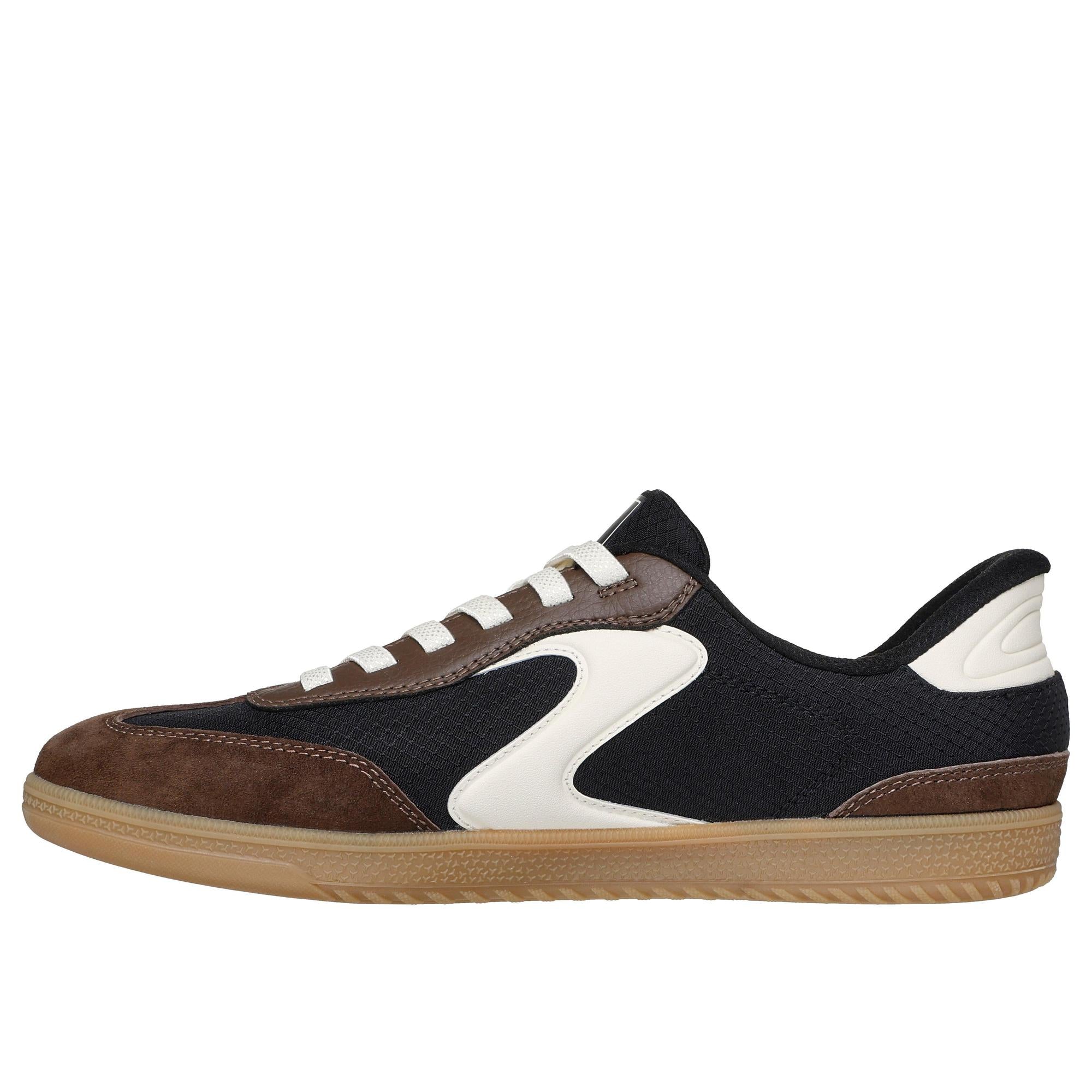 Skechers Hotshot Ladies Black/Brown Leather and Textile Slip-On Trainers with white accents and gum sole.
