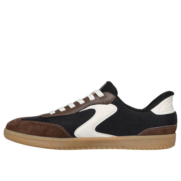 Skechers Hotshot Ladies Black/Brown Leather and Textile Slip-On Trainers with white accents and gum sole.