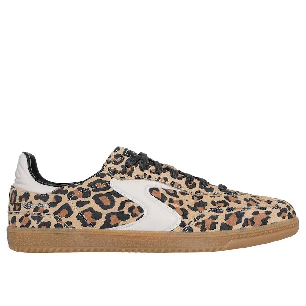 Skechers Hotshot Ladies Leopard Print Suede Lace-Up Trainers, casual sneakers with animal print design and gum sole.