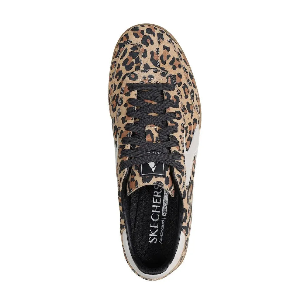Skechers 185356 Hotshot ladies leopard print suede lace-up trainers, stylish athletic sneakers with black laces and animal pattern.