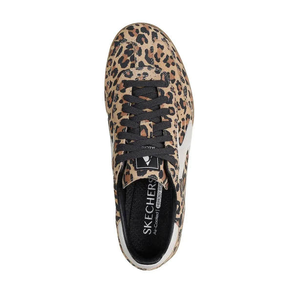 Skechers 185356 Hotshot ladies leopard print suede lace-up trainers, stylish athletic sneakers with black laces and animal pattern.