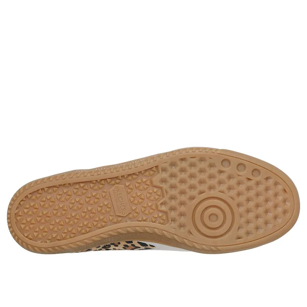 Skechers Hotshot Ladies Leopard Print Suede Lace-Up Trainers with beige rubber sole and textured grip pattern.