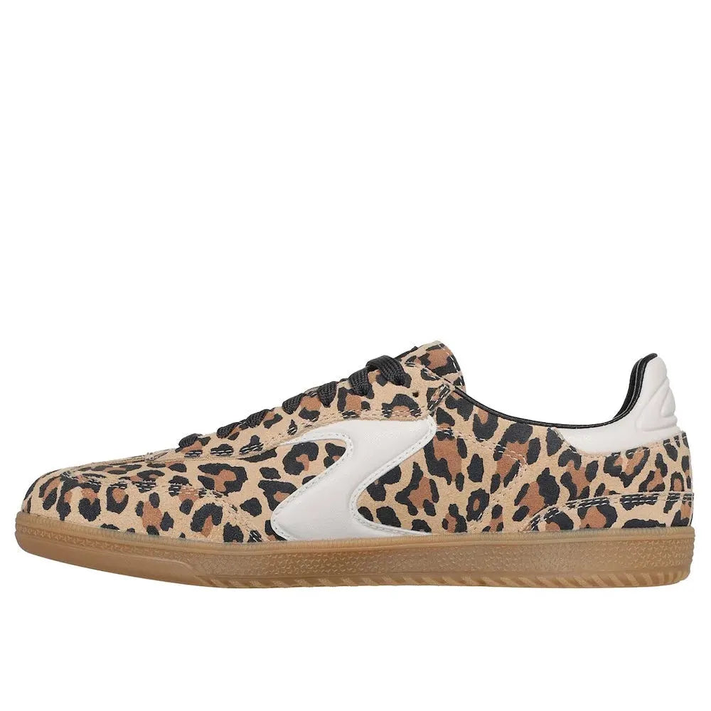 Skechers Hotshot ladies leopard print suede lace-up trainers with gum sole, stylish animal pattern, and sporty design.