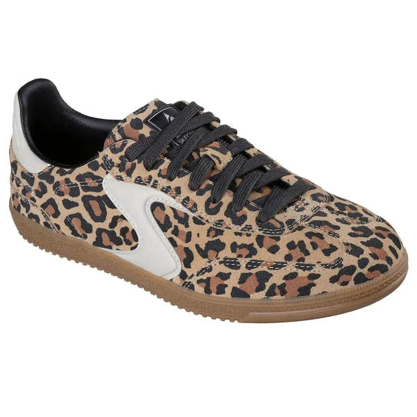 Skechers Hotshot Ladies Leopard Print Suede Lace-Up Trainers, stylish casual sneakers with leopard pattern and brown sole.