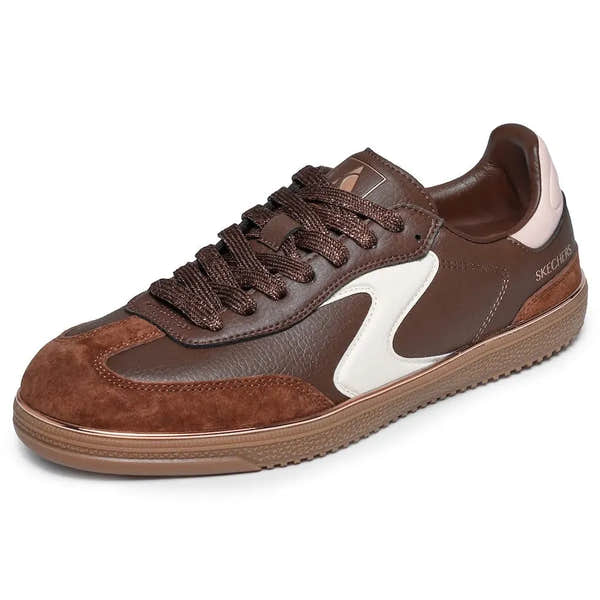 Skechers 185405 Hotshot Living Luxe Ladies Brown/Pink Lace-Up Trainers with leather and suede details.