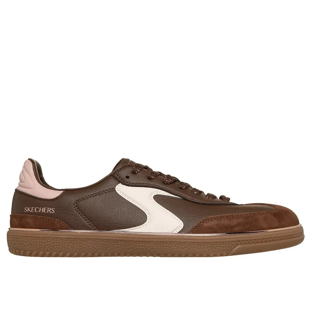 Skechers 185405 Hotshot Living Luxe ladies brown and pink lace-up trainers with mixed leather and suede upper and rubber sole.