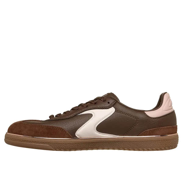 Skechers 185405 Hotshot Living Luxe ladies brown and pink lace-up trainers with leather and suede accents, casual athletic style.