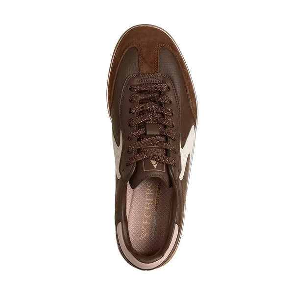 Skechers 185405 Hotshot Living Luxe women's brown and pink lace-up trainers with padded insole and durable outsole.