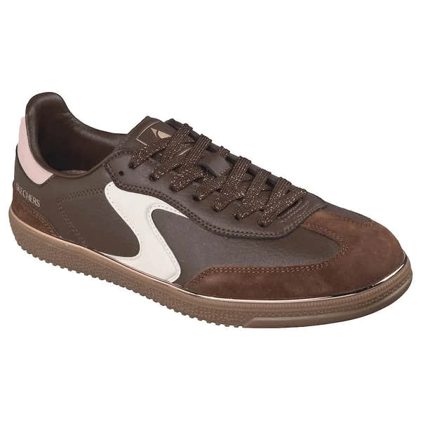 Skechers 185405 Hotshot Living Luxe Ladies Brown and Pink Lace-Up Trainers with mixed leather and suede upper.