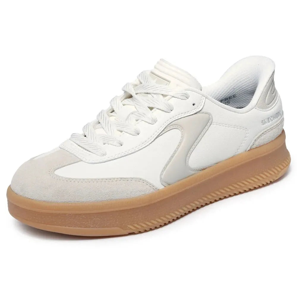 Skechers Hotshot Hi-Lifted Luxe women’s off-white suede lace-up trainers with a chunky tan sole and cushioned interior.