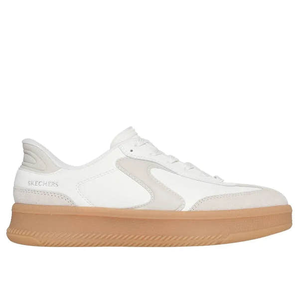 Skechers Hotshot Hi-Lifted Luxe Ladies Off White Suede Lace-Up Trainers with chunky gum sole.